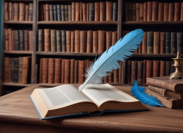 Cursuri 365 Freepik__An-Open-Book-Blue-Color-With-A-Feather-Quill-On-A-__22170