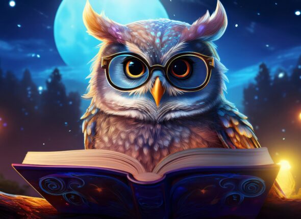 Cursuri 387 Intelligent Owl With Glasses Reads Mystical Book Tree Branch Full Moon Magical Forest Night