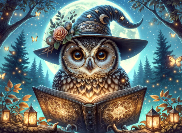 Cursuri 383 Owl-Wizard-Branch-Reading-Ancient-Spellbook-By-Moonlight-Mystical-Forest-With-Glowing-Plants-Fa