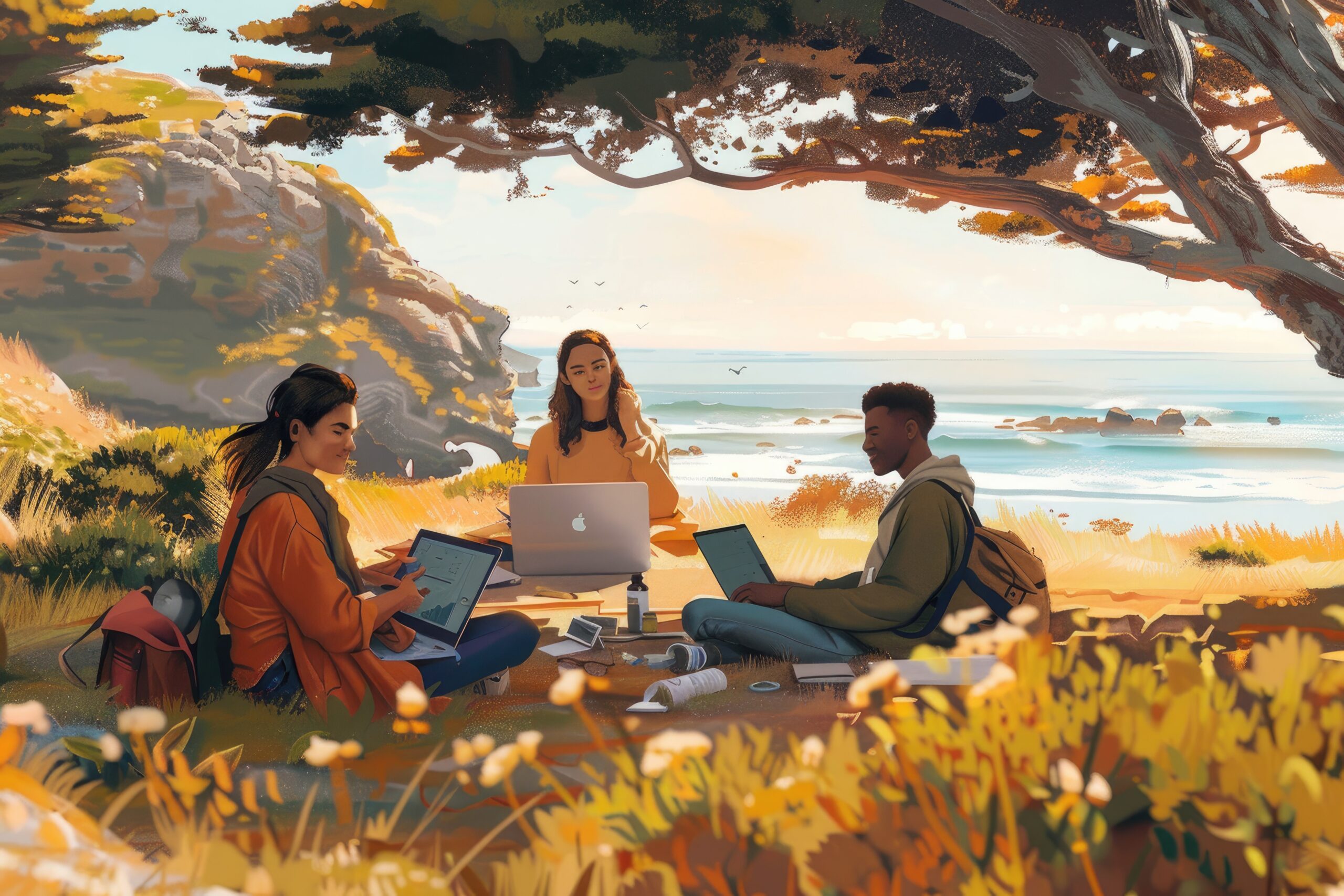 2 O'Clock Writers - 2025 1 Scene With Diverse Young People Being Digital Nomads Working Remotely From Dreamy Locations Scaled